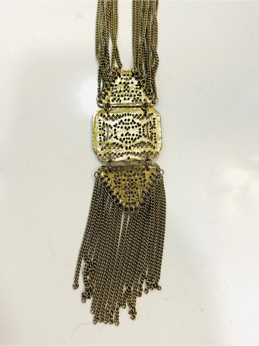 Chunky Boho Gold Tone Multi Strand Filigree Tassel Statement Necklace - Picture 8 of 11